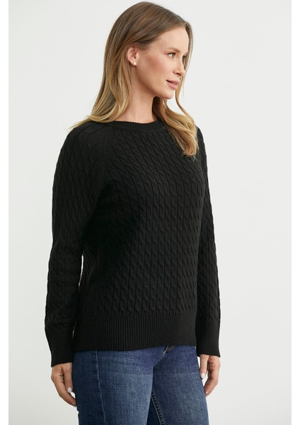 Saç Örgü Motifli Yuvarlak Yaka Triko Kazak - Siyah fırsatları