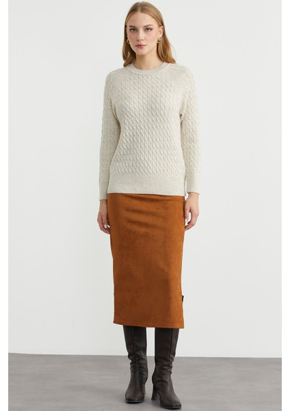 Saç Örgü Motifli Yuvarlak Yaka Triko Kazak - Taş