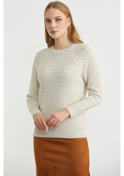 Saç Örgü Motifli Yuvarlak Yaka Triko Kazak - Taş fiyatları