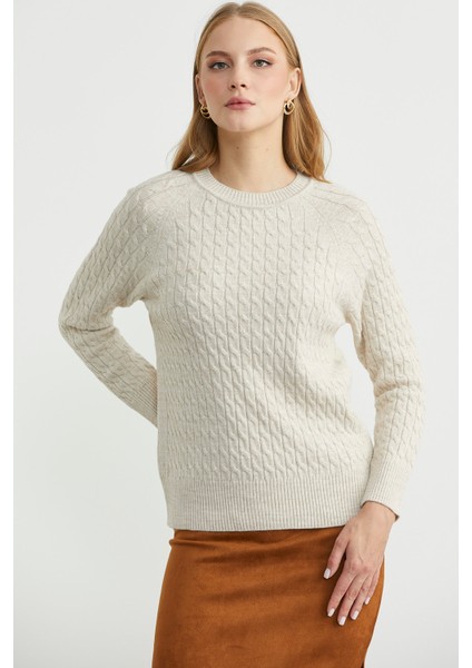 Saç Örgü Motifli Yuvarlak Yaka Triko Kazak - Taş modelleri