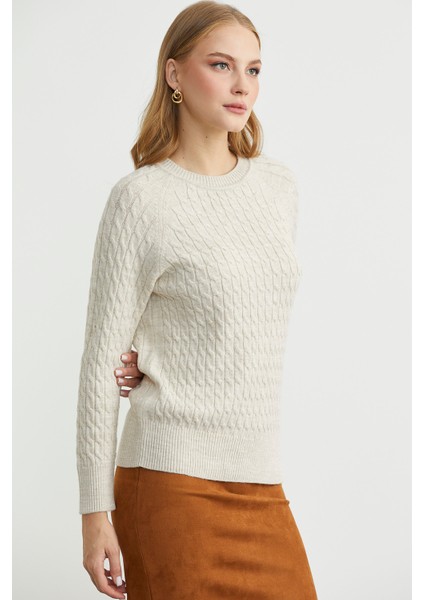 Saç Örgü Motifli Yuvarlak Yaka Triko Kazak - Taş fırsatları