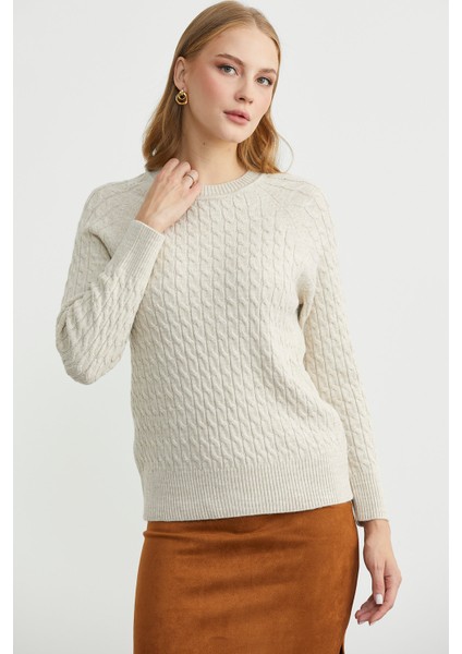 Saç Örgü Motifli Yuvarlak Yaka Triko Kazak - Taş indirimleri