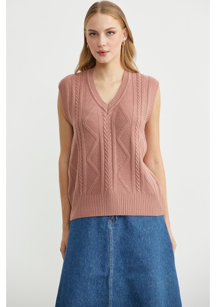 V Yaka Motifli Triko Süveter - Gül