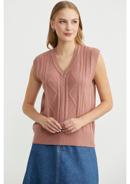 V Yaka Motifli Triko Süveter - Gül fiyatları