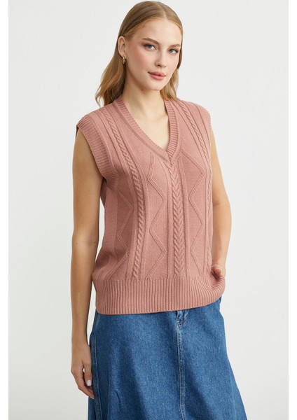 V Yaka Motifli Triko Süveter - Gül modelleri