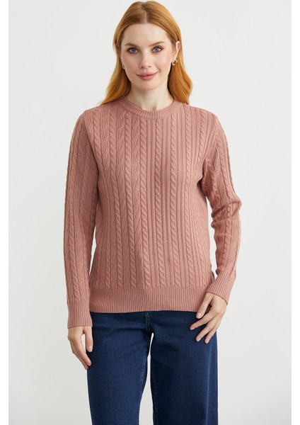 Sıfır Yaka Motif Detaylı Triko Kazak - Gül