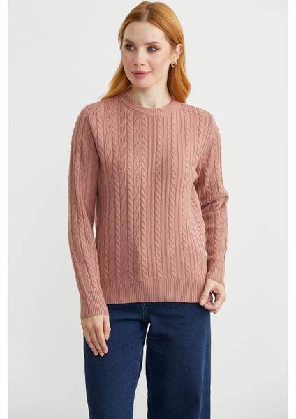 Sıfır Yaka Motif Detaylı Triko Kazak - Gül fiyatları