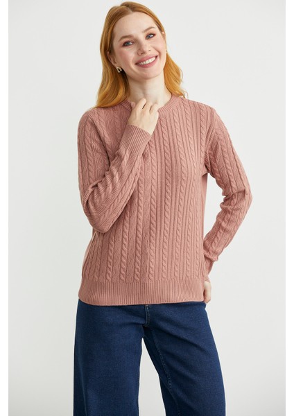 Sıfır Yaka Motif Detaylı Triko Kazak - Gül indirimleri