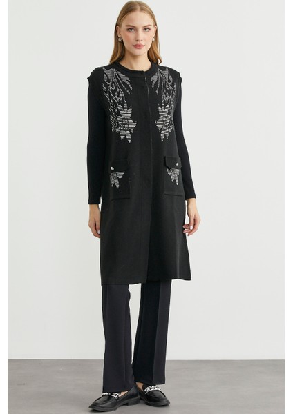 Cepli Uzun Yün Triko Yelek - Siyah