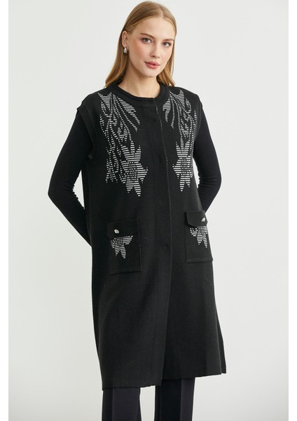 Cepli Uzun Yün Triko Yelek - Siyah fırsatları