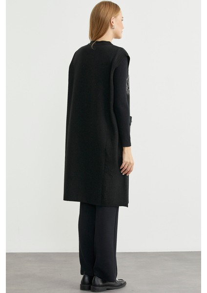 Cepli Uzun Yün Triko Yelek - Siyah indirimleri