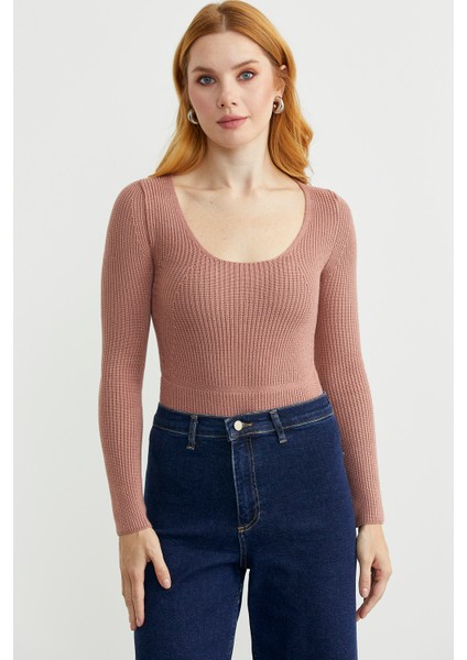 Fitilli Alttan Çıtçıtlı Triko Kazak - Gül