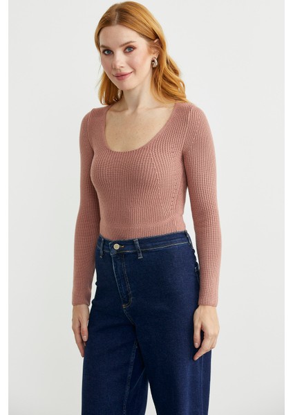 Fitilli Alttan Çıtçıtlı Triko Kazak - Gül fiyatları