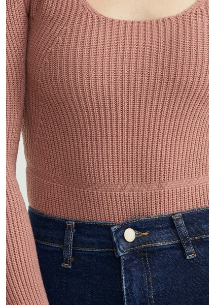 Fitilli Alttan Çıtçıtlı Triko Kazak - Gül fırsatları