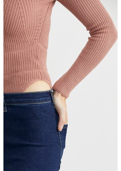 Fitilli Alttan Çıtçıtlı Triko Kazak - Gül indirimleri