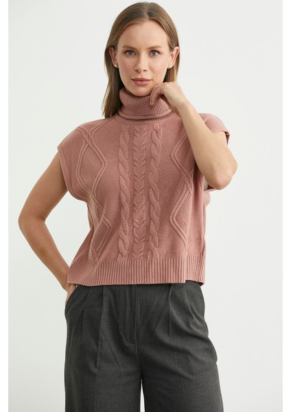 Tam Balıkçı Crop Triko Süveter - Gül