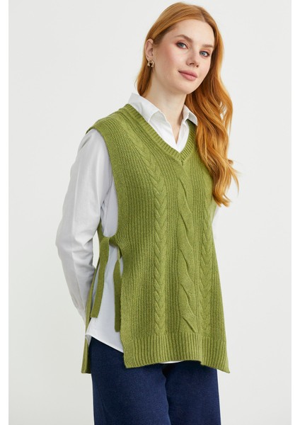 Yanları Bağlama Detaylı Yünlü Triko Süveter - Yeşil modelleri