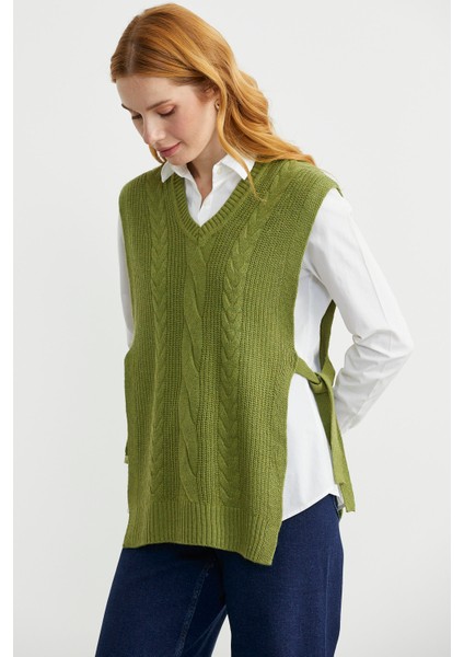 Yanları Bağlama Detaylı Yünlü Triko Süveter - Yeşil fırsatları