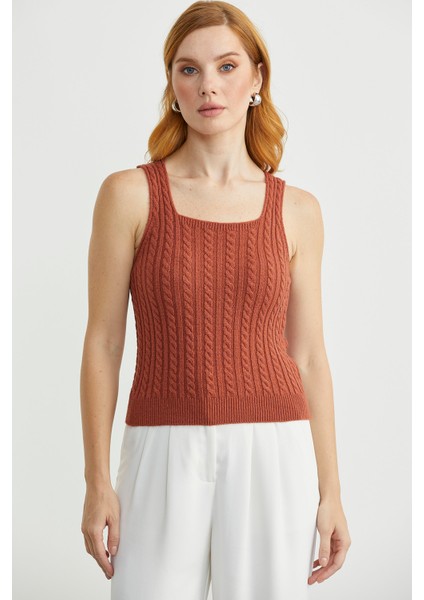 Saç Örgü Kare Yaka Triko Atlet - Taba