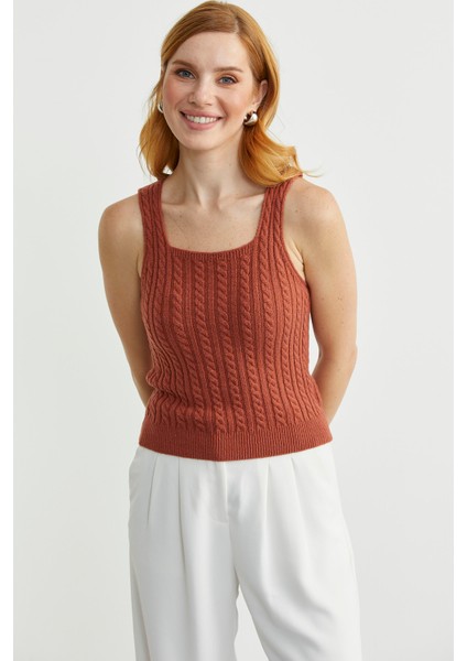 Saç Örgü Kare Yaka Triko Atlet - Taba modelleri