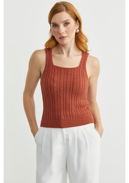 Saç Örgü Kare Yaka Triko Atlet - Taba fırsatları