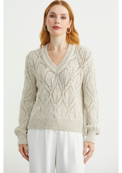 Delikli V Yaka Pullu Triko Kazak - Taş fiyatları