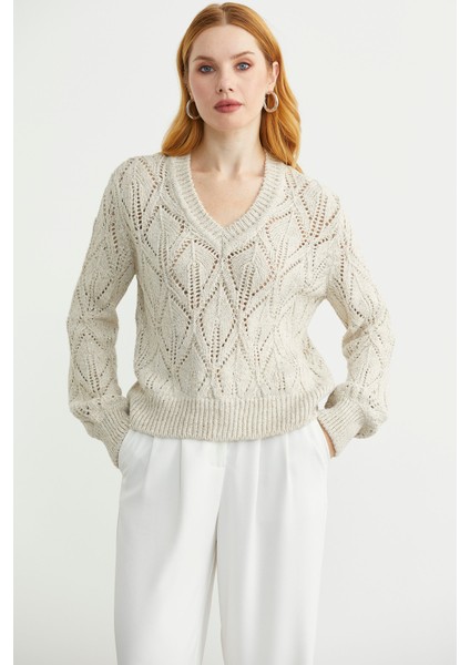 Delikli V Yaka Pullu Triko Kazak - Taş modelleri