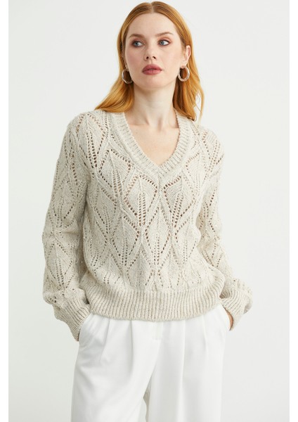 Delikli V Yaka Pullu Triko Kazak - Taş fırsatları