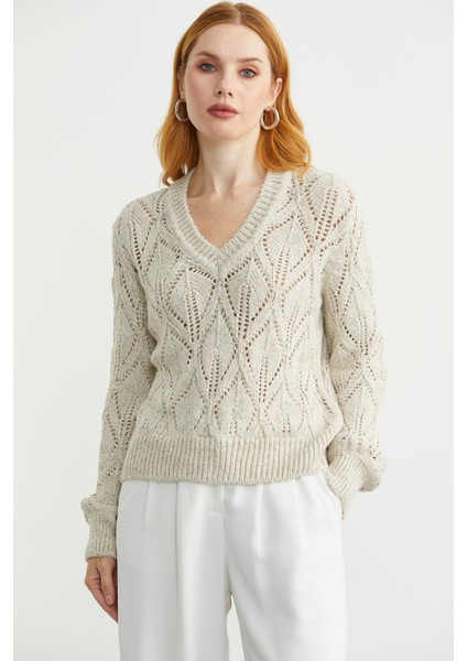 Delikli V Yaka Pullu Triko Kazak - Taş indirimleri