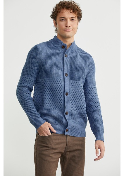 Petek Motifli Dik Yaka Triko Hırka - Indigo