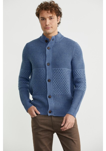 Petek Motifli Dik Yaka Triko Hırka - Indigo fiyatları