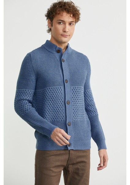 Petek Motifli Dik Yaka Triko Hırka - Indigo fırsatları