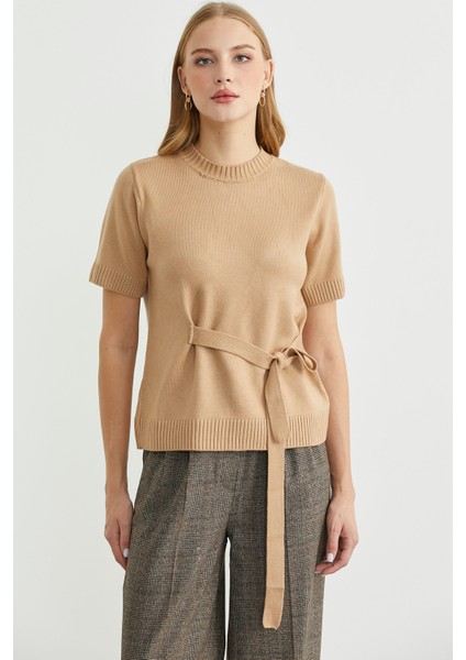 Kuşaklı Kısa Kol Triko Kazak - Kamel