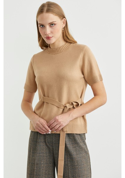 Kuşaklı Kısa Kol Triko Kazak - Kamel fiyatları