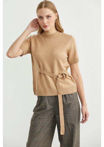 Kuşaklı Kısa Kol Triko Kazak - Kamel modelleri