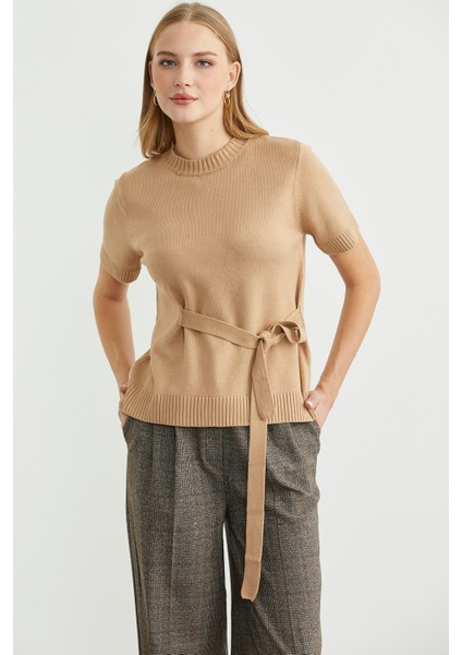 Kuşaklı Kısa Kol Triko Kazak - Kamel fırsatları