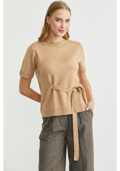 Kuşaklı Kısa Kol Triko Kazak - Kamel indirimleri