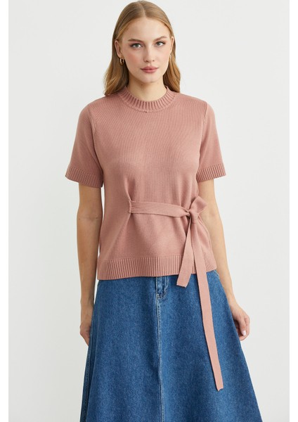 Kuşaklı Kısa Kol Triko Kazak - Gül