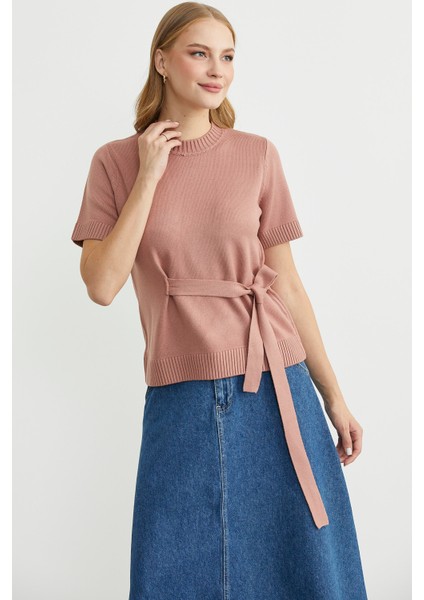 Kuşaklı Kısa Kol Triko Kazak - Gül fiyatları