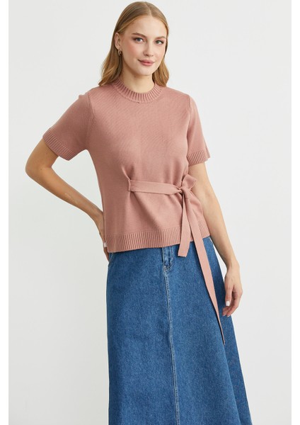 Kuşaklı Kısa Kol Triko Kazak - Gül modelleri