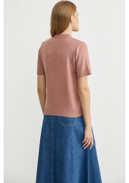 Kuşaklı Kısa Kol Triko Kazak - Gül fırsatları