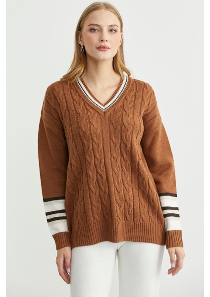 V Yaka Saç Örgülü Triko Kazak - Taba fiyatları