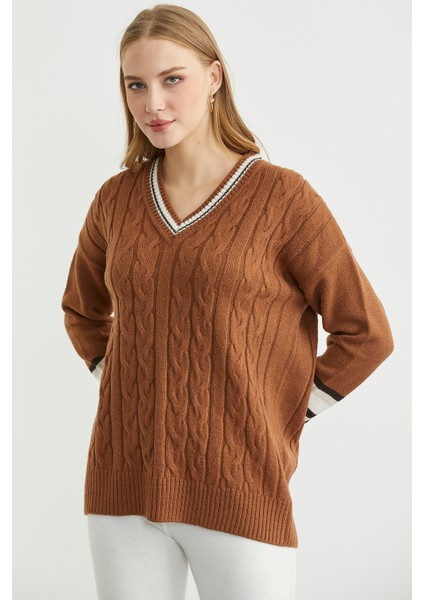 V Yaka Saç Örgülü Triko Kazak - Taba modelleri