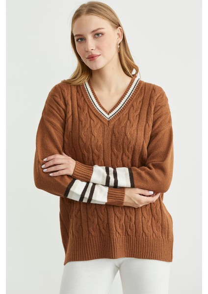 V Yaka Saç Örgülü Triko Kazak - Taba fırsatları