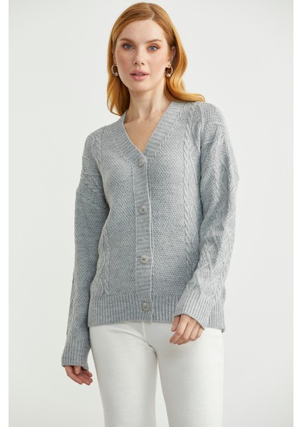 Oversize Düğmeli Triko Hırka - Açık Gri