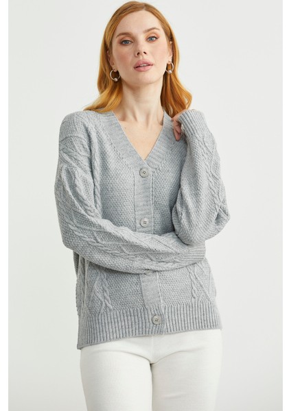 Oversize Düğmeli Triko Hırka - Açık Gri modelleri