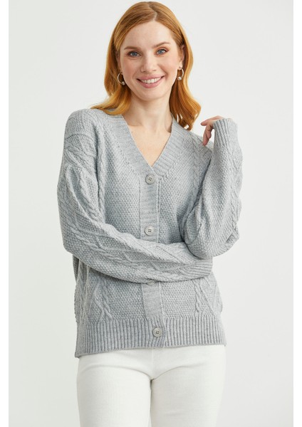 Oversize Düğmeli Triko Hırka - Açık Gri fırsatları