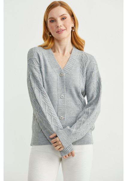 Oversize Düğmeli Triko Hırka - Açık Gri indirimleri