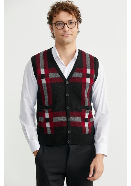 Düğmeli Yünlü Kalın Triko Yelek - Siyah