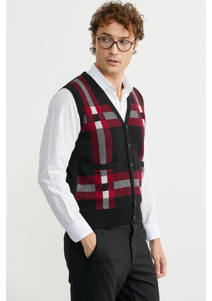 Düğmeli Yünlü Kalın Triko Yelek - Siyah indirimleri